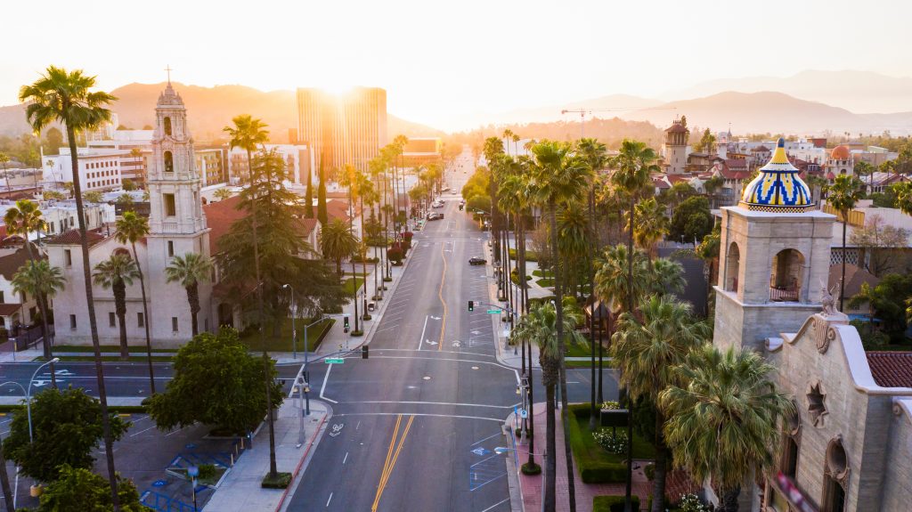 aerial sunset view of the downtown area of riverside, california